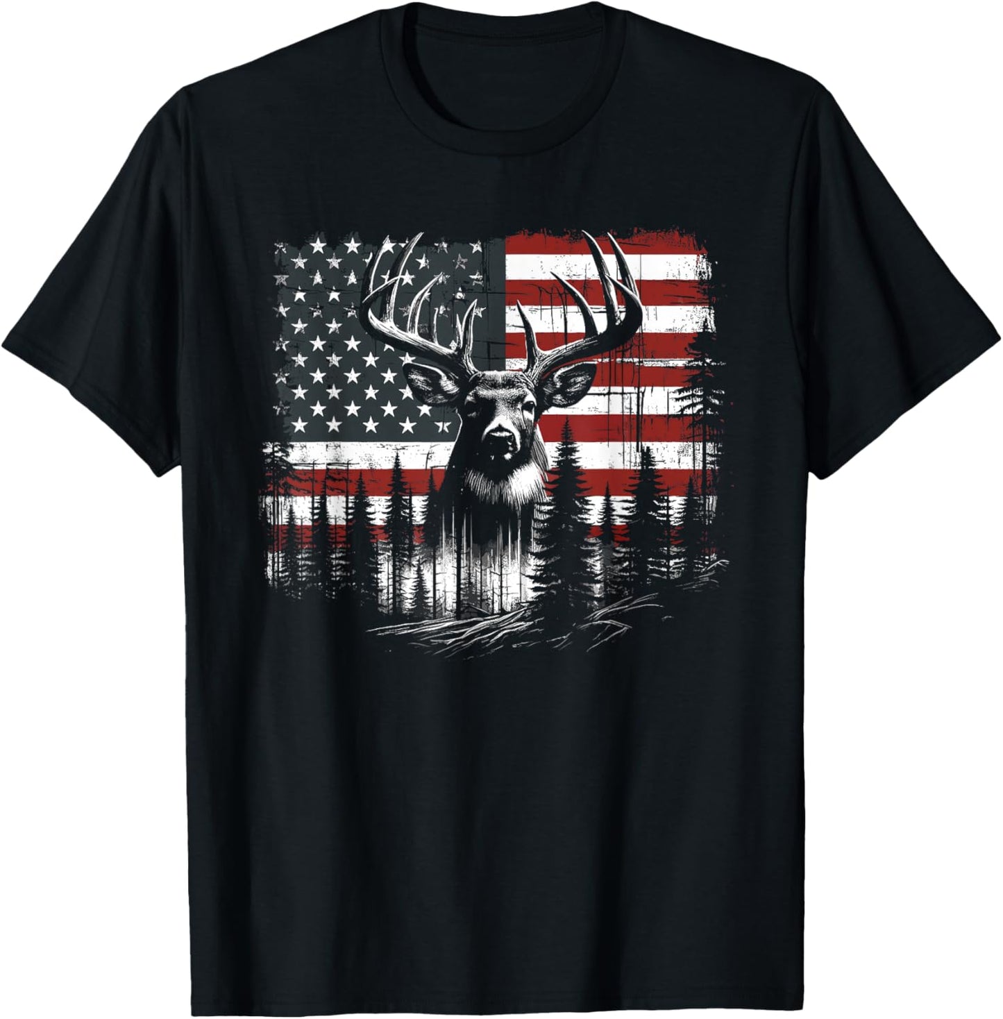 Deer Hunting American Flag Whitetail Buck Antlers T-Shirt - T-Shirt | Black