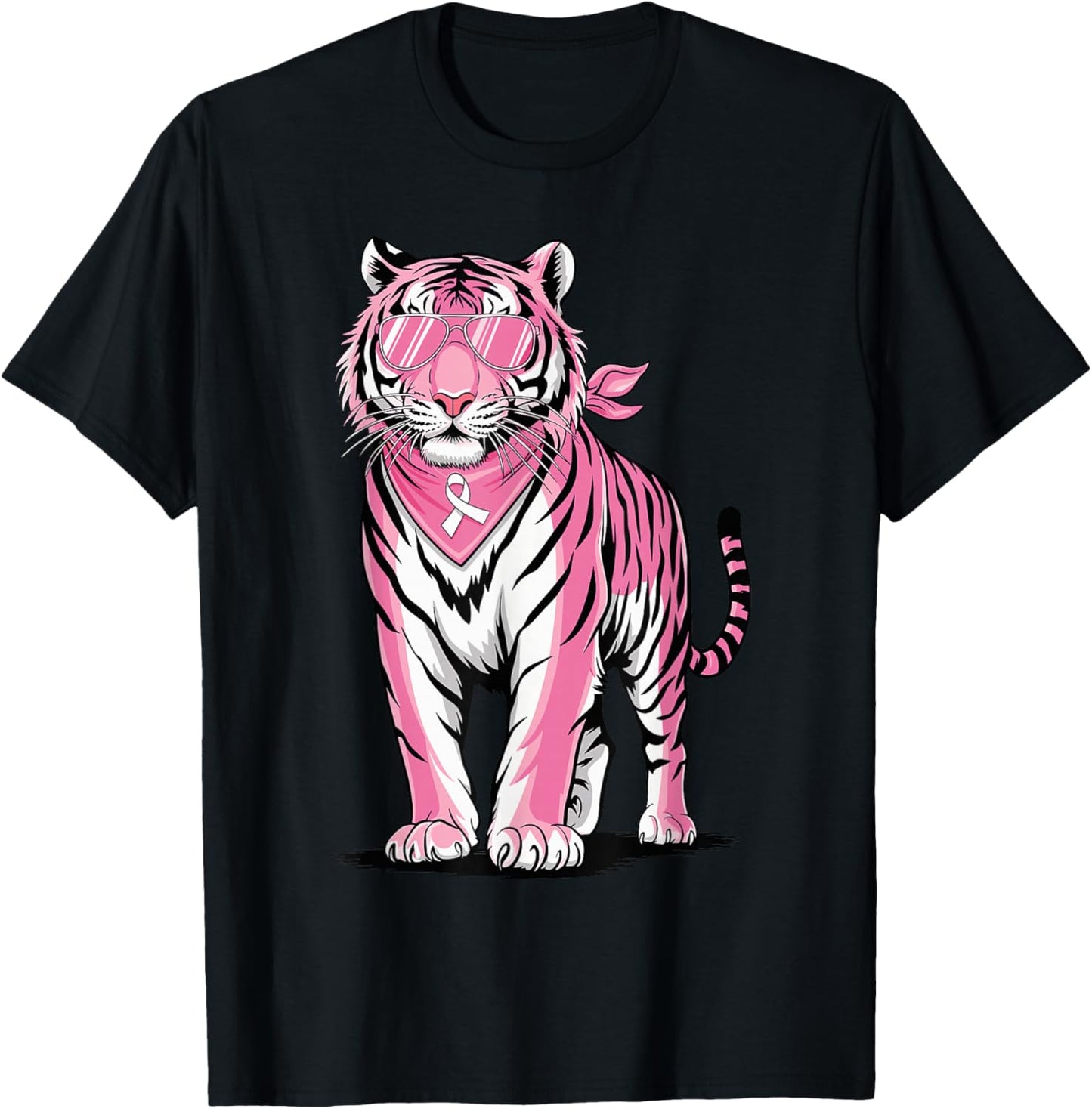 Pink Tiger with Sunglasses Bandana Breast Cancer Awareness T-Shirt - T-Shirt | Black