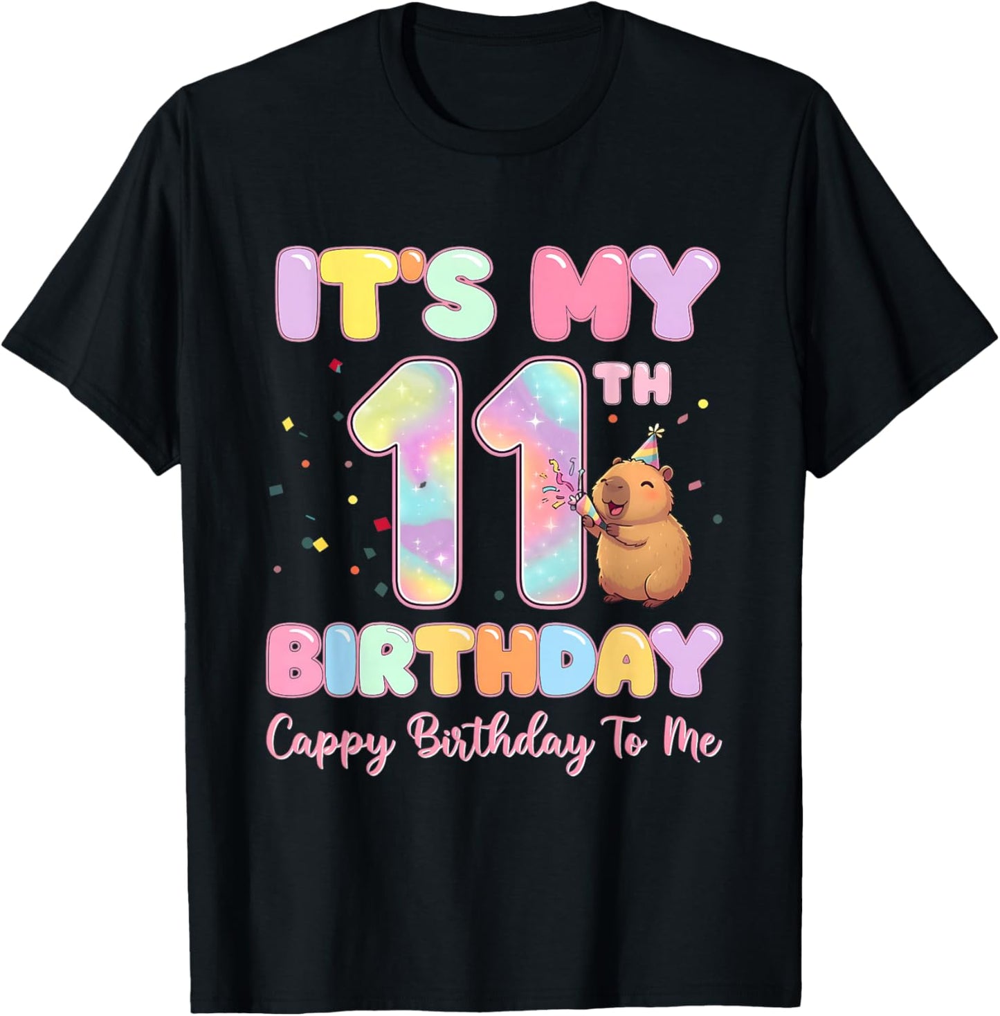 It's My 11th Birthday Cappy Birthday to Me Capybaras Groovy T-Shirt - T-Shirt | Black