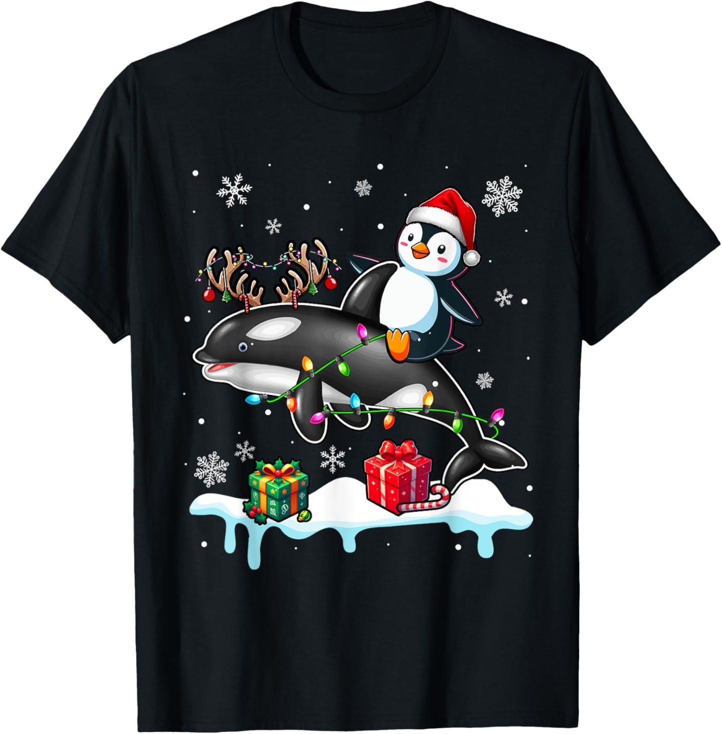 Christmas Santa Penguin Riding Reindeer Orca Lover Kids T-Shirt - T-Shirt | Black