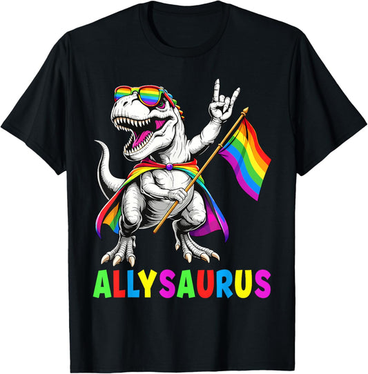 Rainbow Dinosaur Ally Allysaurus Pride Flag Men Women Kid T-Shirt - T-Shirt | Black