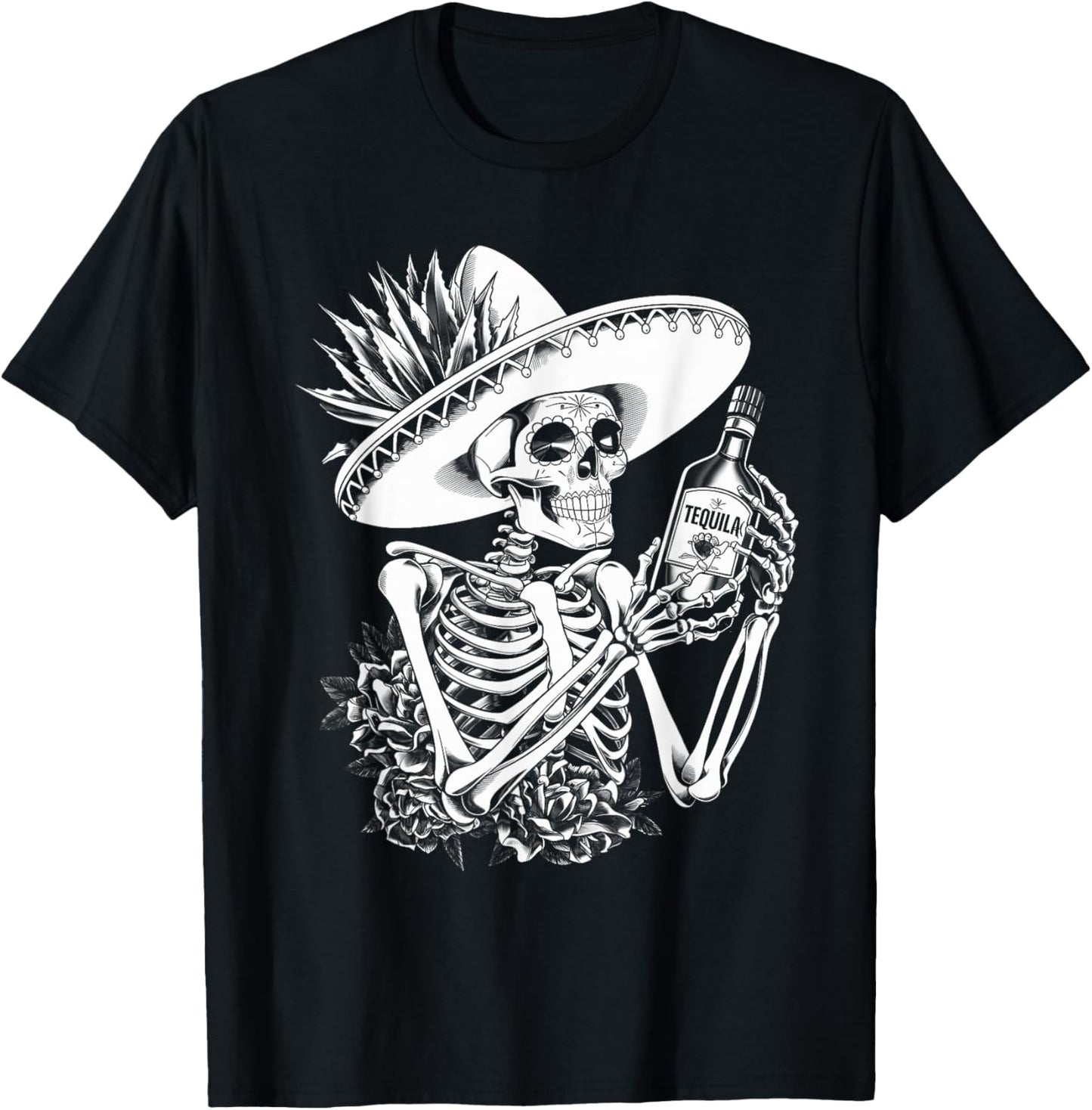 Mexico Vintage Skeleton Tequila Dia De Los Muertos Mexican T-Shirt - T-Shirt | Black