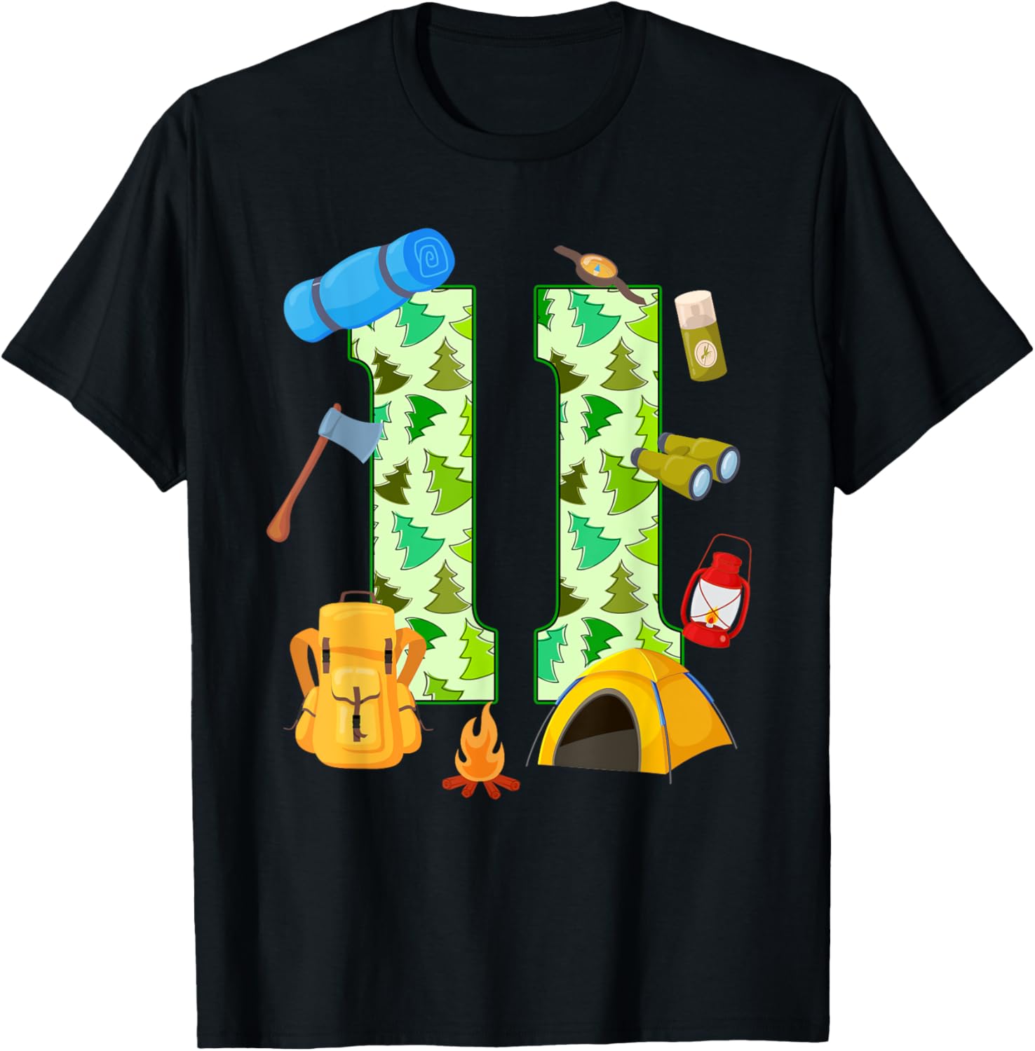 11th Birthday Camping Theme 11 Year Old Birthday Kids T-Shirt - T-Shirt | Black