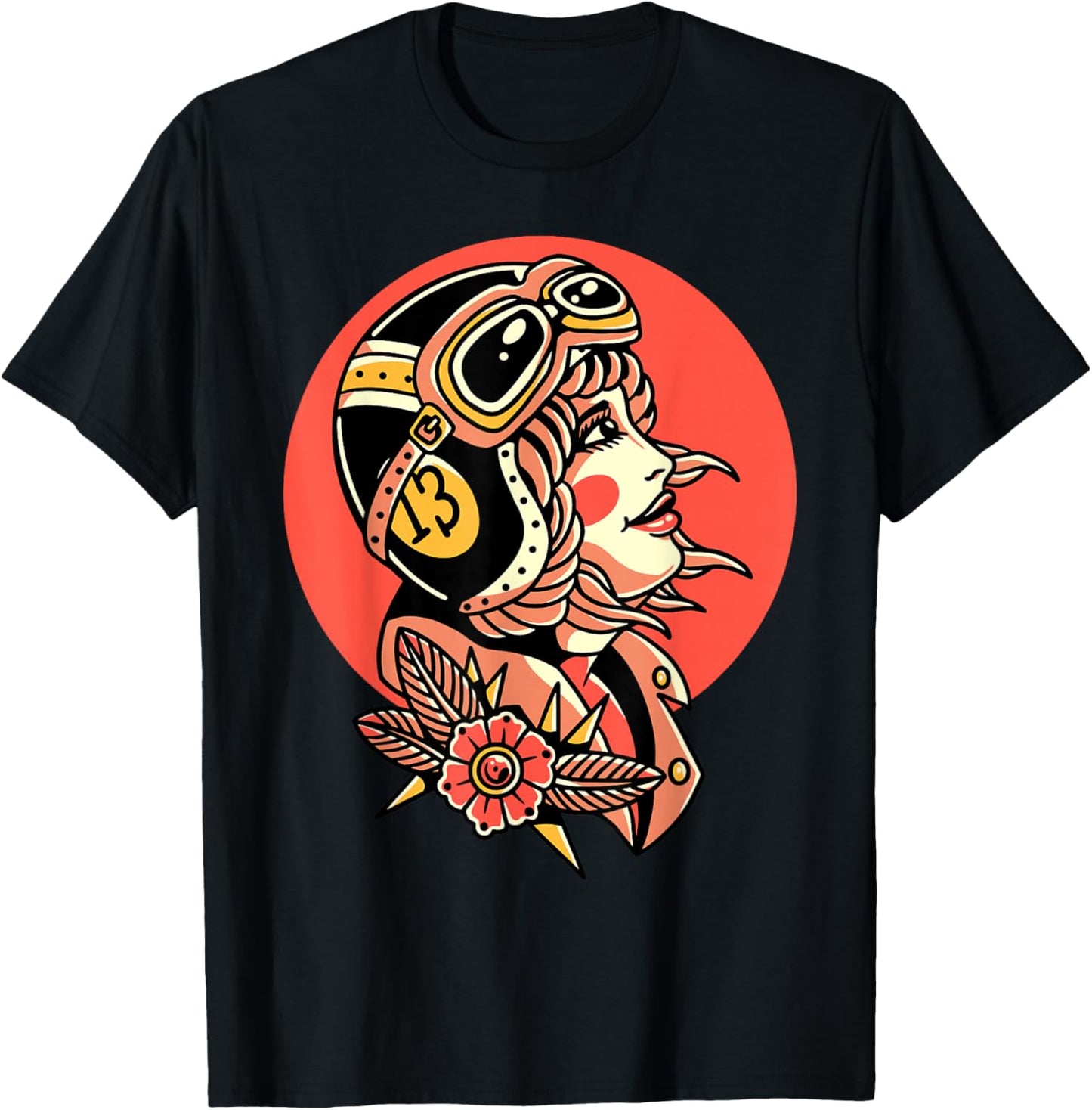 Biker Girl Traditional Tattoo Flash T-Shirt - T-Shirt | Black