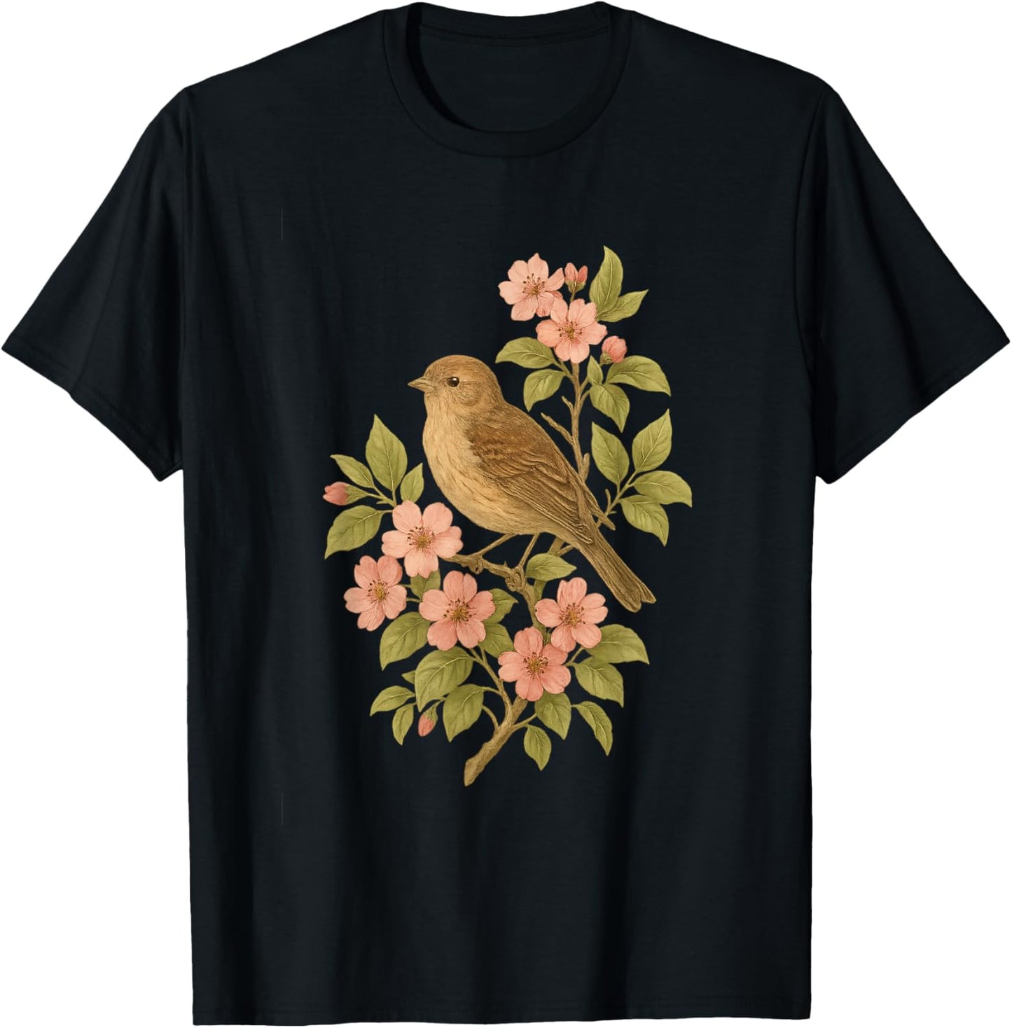 Vintage Songbird Blossoms Botanical Birds Lovers Flowers T-Shirt - T-Shirt | Black