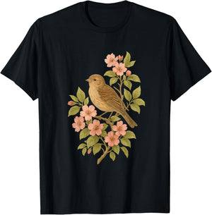 Vintage Songbird Blossoms Botanical Birds Lovers Flowers T-Shirt - T-Shirt | Black