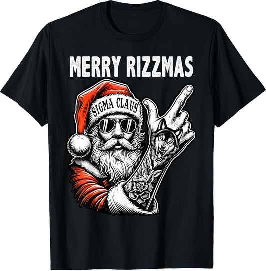 Merry Rizzmas, Funny Santa Wolf Tattoo Christmas Sigma Claus T-Shirt - T-Shirt | Black
