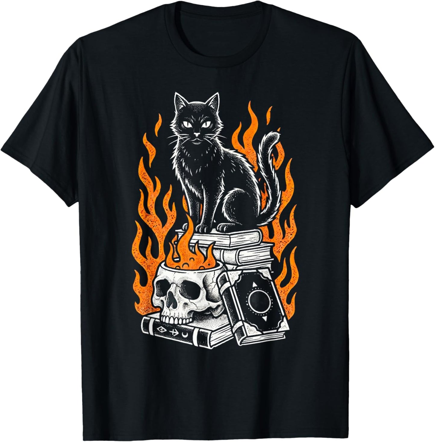 Witchy Creepy Goth Cat Skull Flames Occult Magic Books T-Shirt - T-Shirt | Black