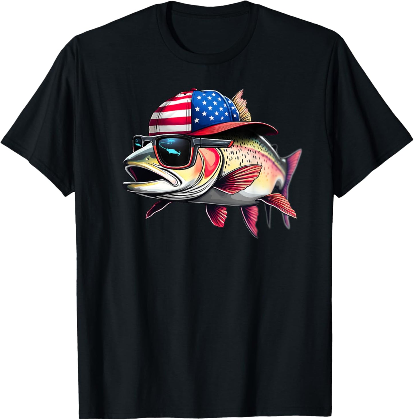 Funny Fishing & Fisherman Rainbow Trout American Flag T-Shirt - T-Shirt | Black