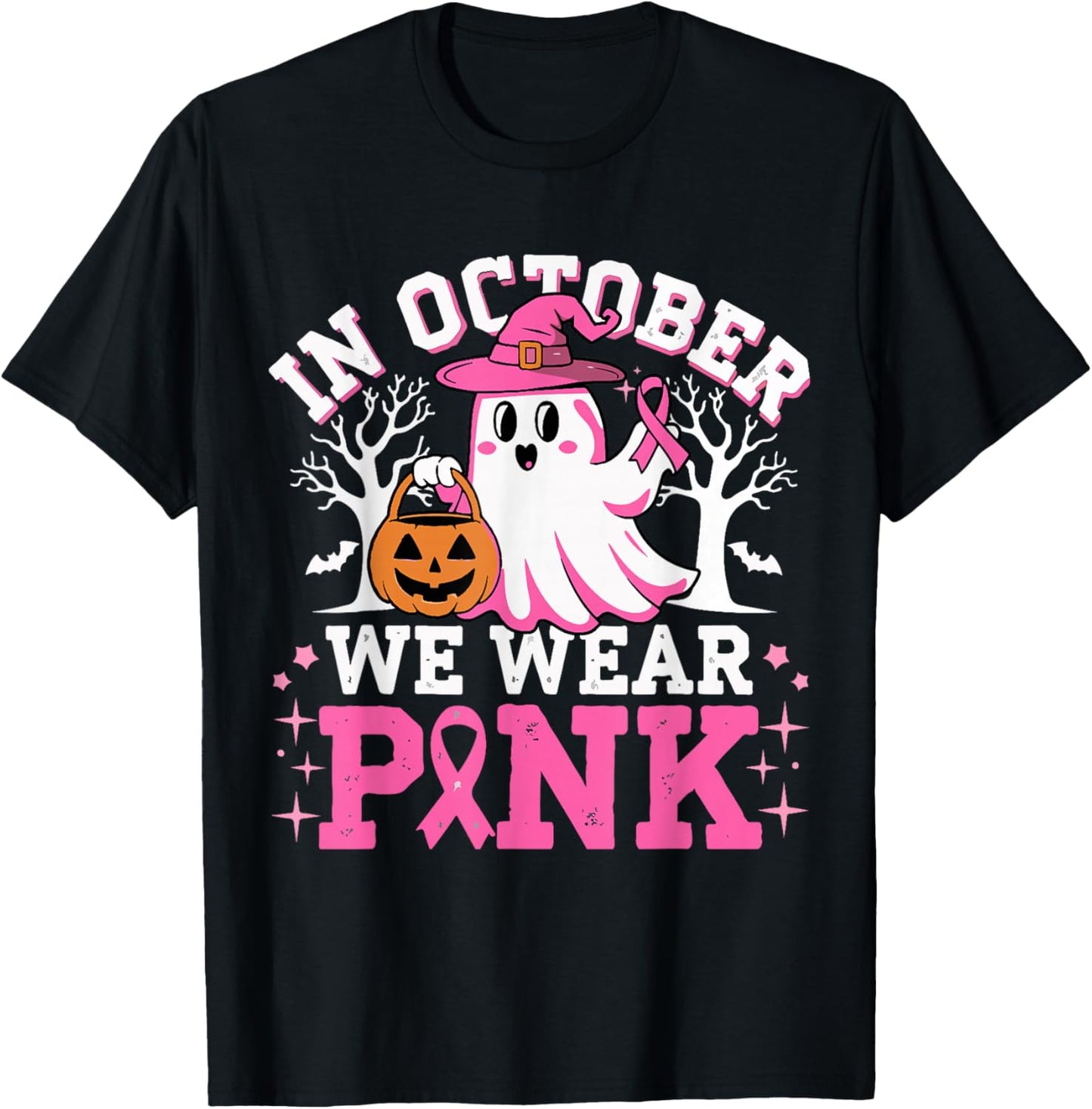 In October We Wear Pink Witch Ghost Halloween Breast Cancer T-Shirt - T-Shirt | Black
