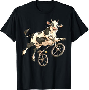 Cow Riding Bicycle Cute Biker Cyclist Cycling Cow Farmer T-Shirt - T-Shirt | Black