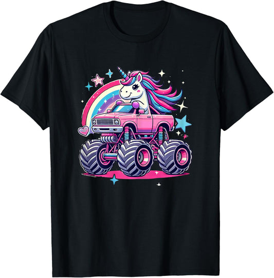 Funny Cute Unicorn Riding A Pink Monster Truck Girls women T-Shirt - T-Shirt | Black