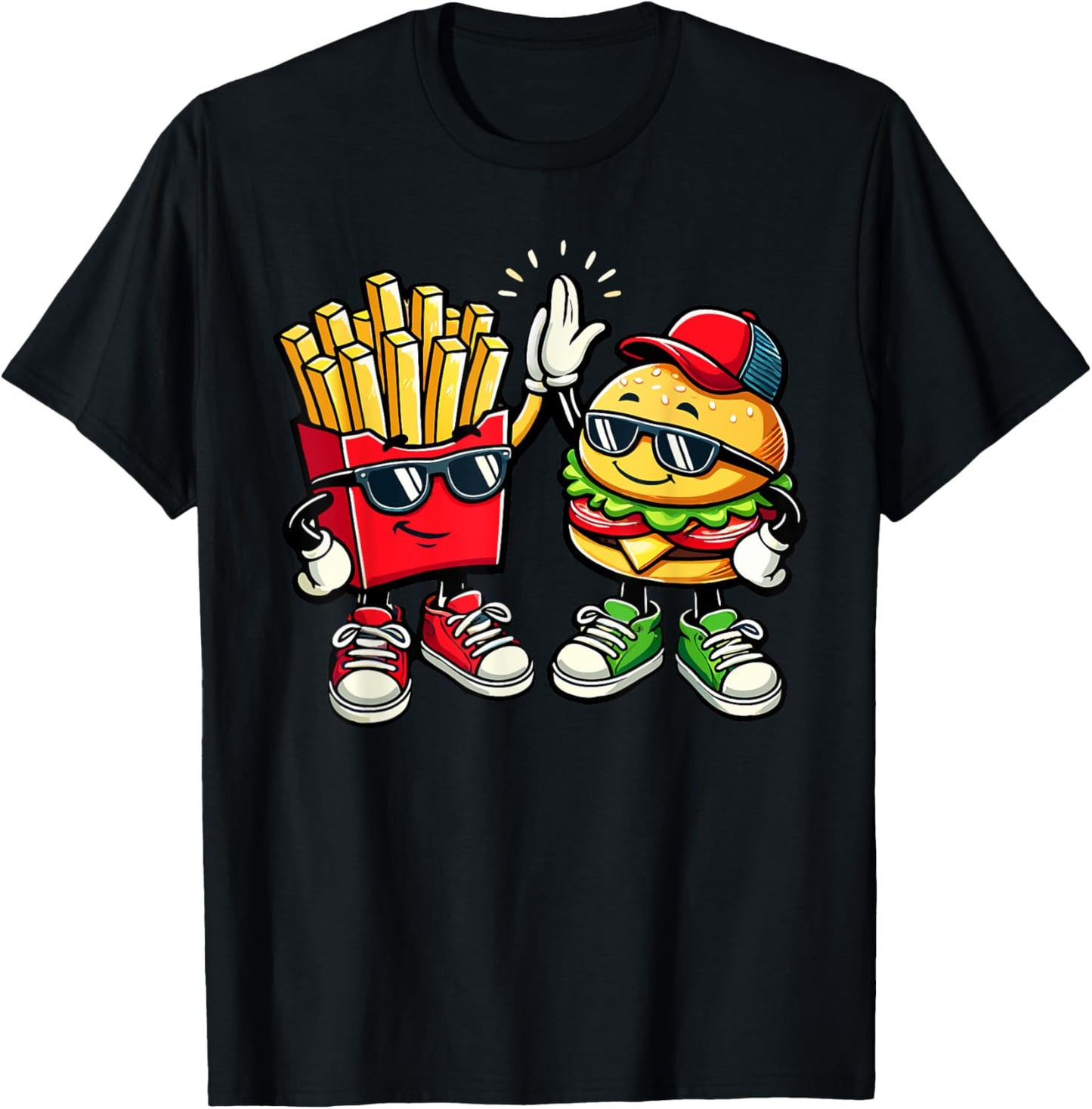 Hamburger Fries High Five | Cool Fun Combo Snacks Funny T-Shirt - T-Shirt | Black