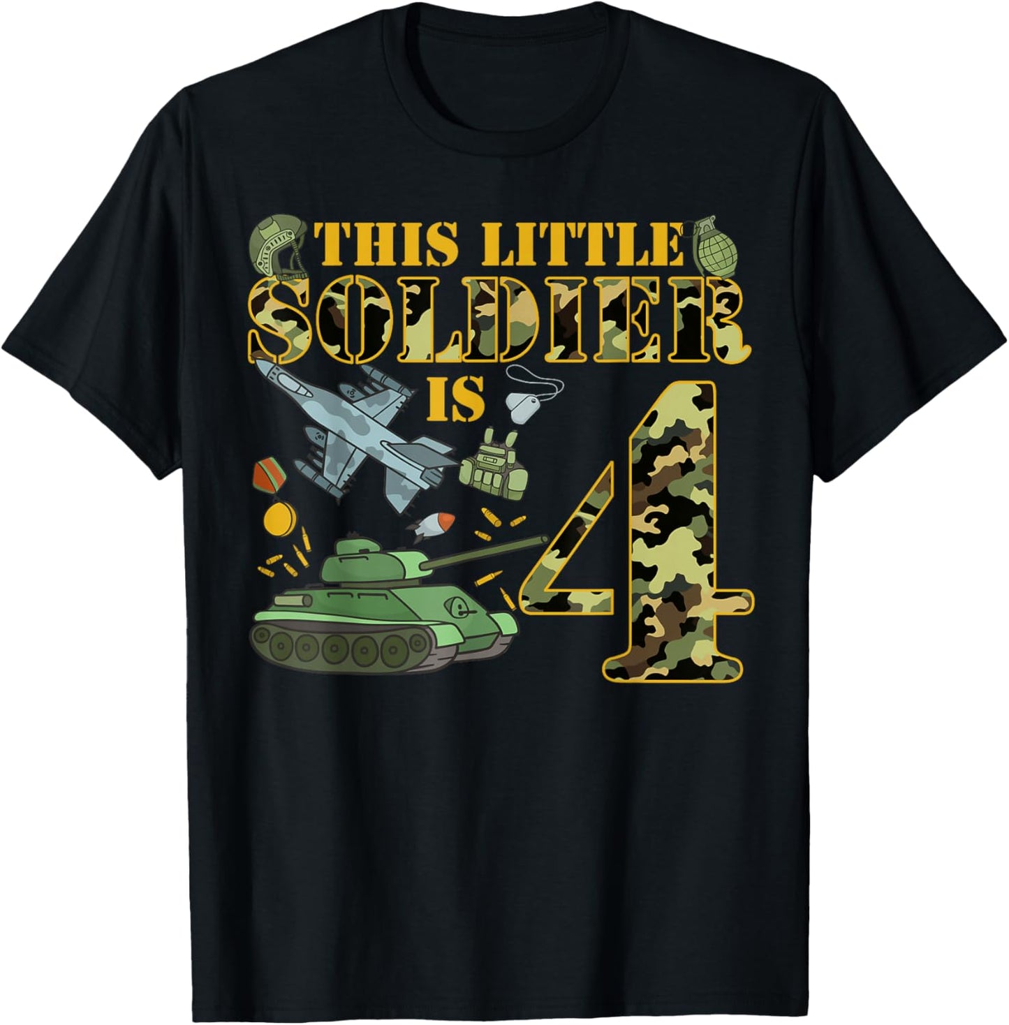 4 Years Old Soldier Birthday Boy 4th Birthday Camo T-Shirt - T-Shirt | Black