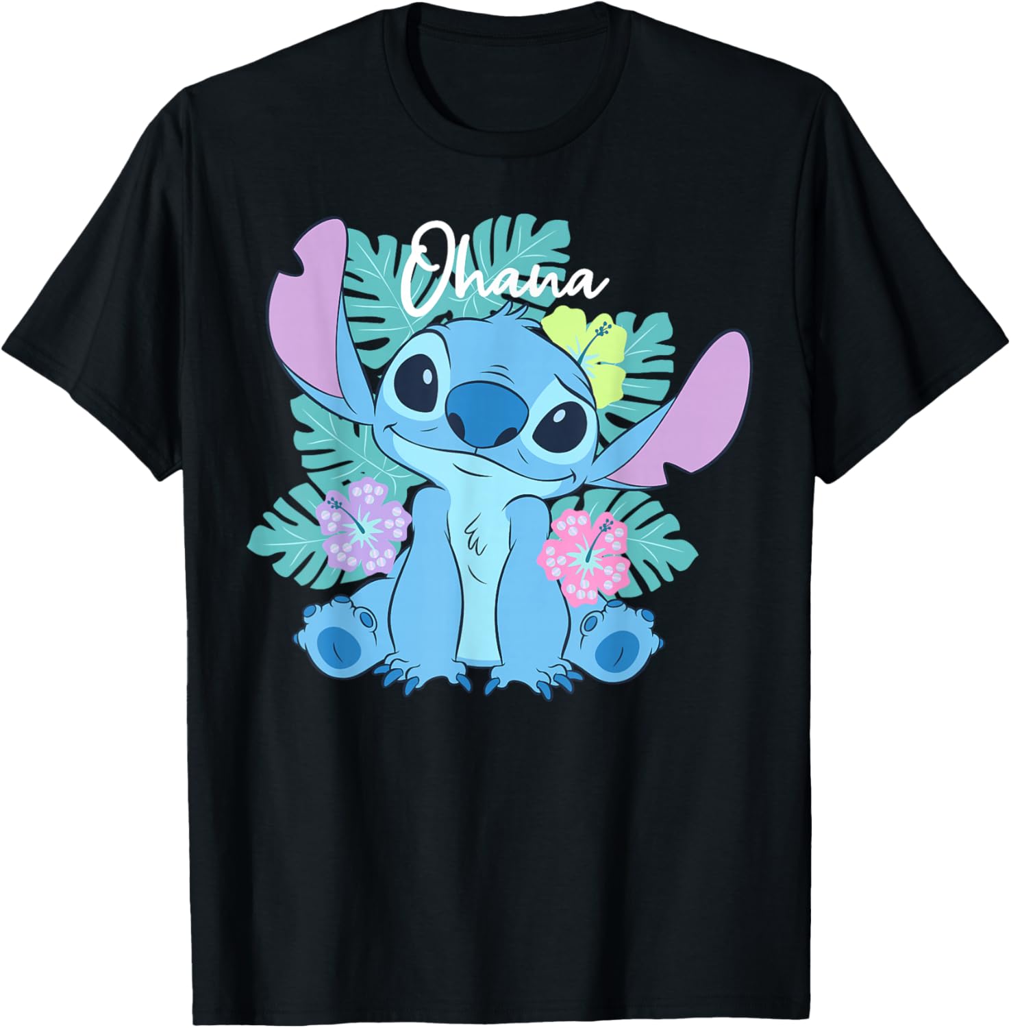 Disney Lilo & Stitch Ohana Adorable Pose Floral Logo T-Shirt - T-Shirt | Black