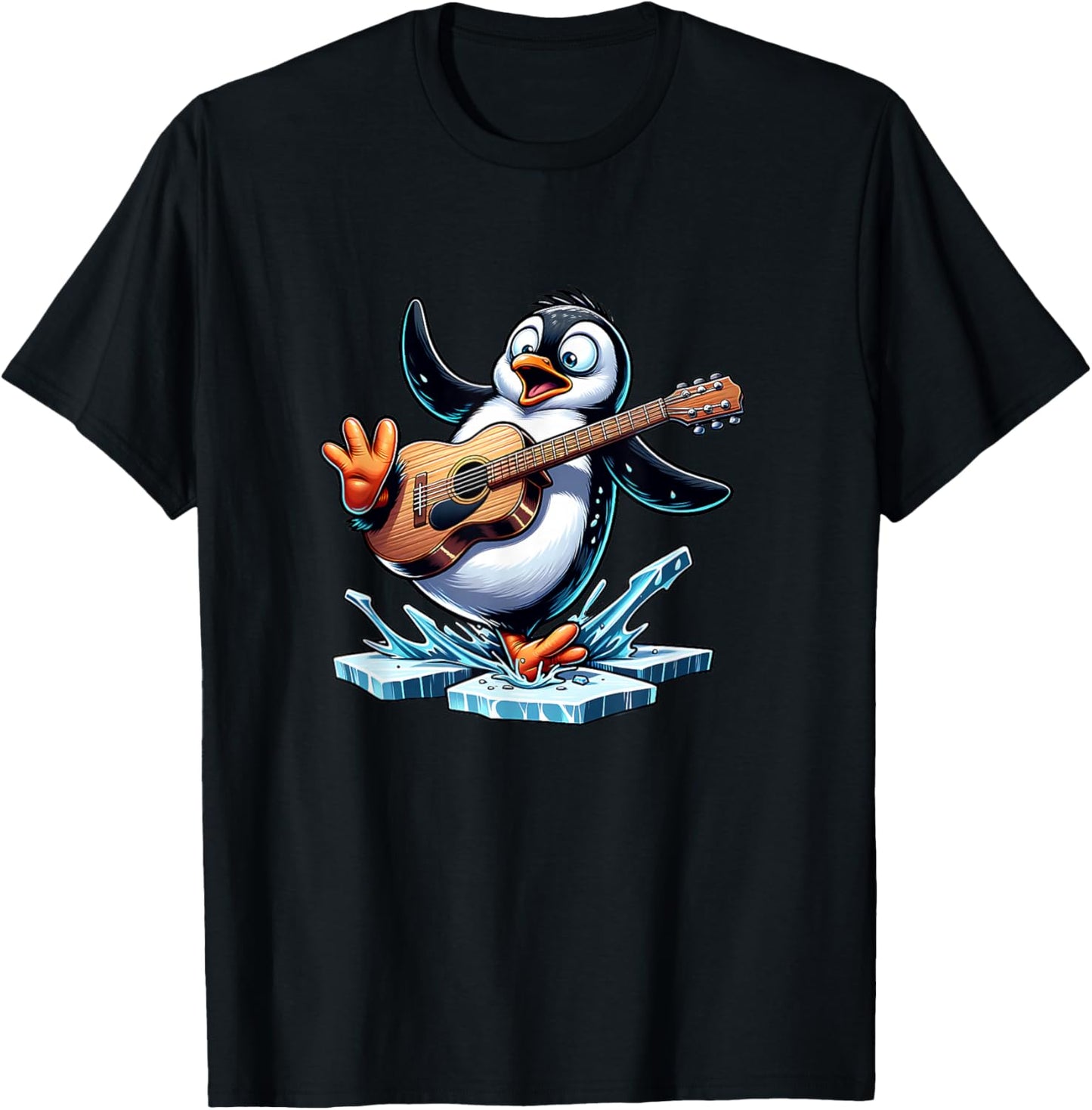 Funny Penguin Playing Guitar On Ice Splash T-Shirt - T-Shirt | Black