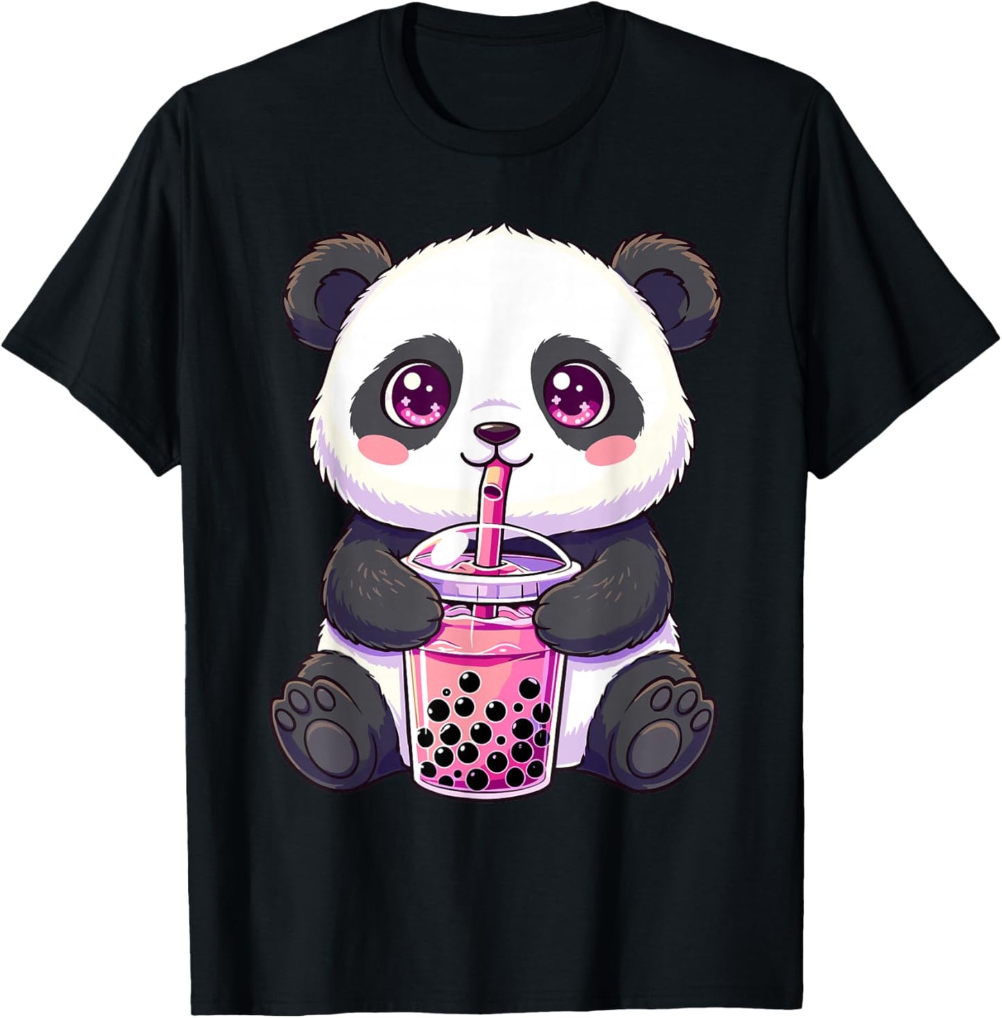 Panda with Boba Bubble Tea Cute Kawaii T-Shirt - T-Shirt | Black