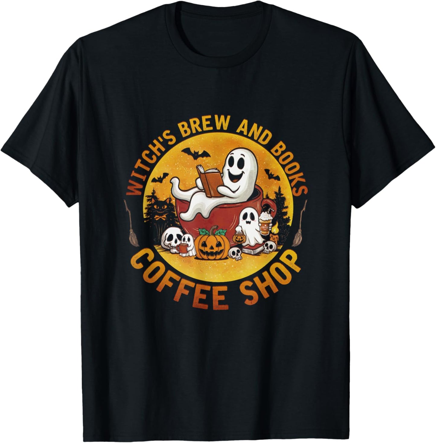 Ghost Witch's Brew And Book Coffee-Shop Halloween Costume T-Shirt - T-Shirt | Black