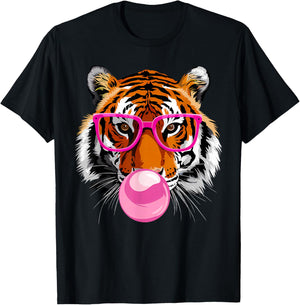 Funny Tiger Wearing Glasses and Blowing Pink Bubble Gum T-Shirt - T-Shirt | Black