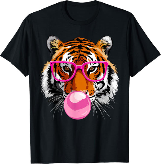 Funny Tiger Wearing Glasses and Blowing Pink Bubble Gum T-Shirt - T-Shirt | Black