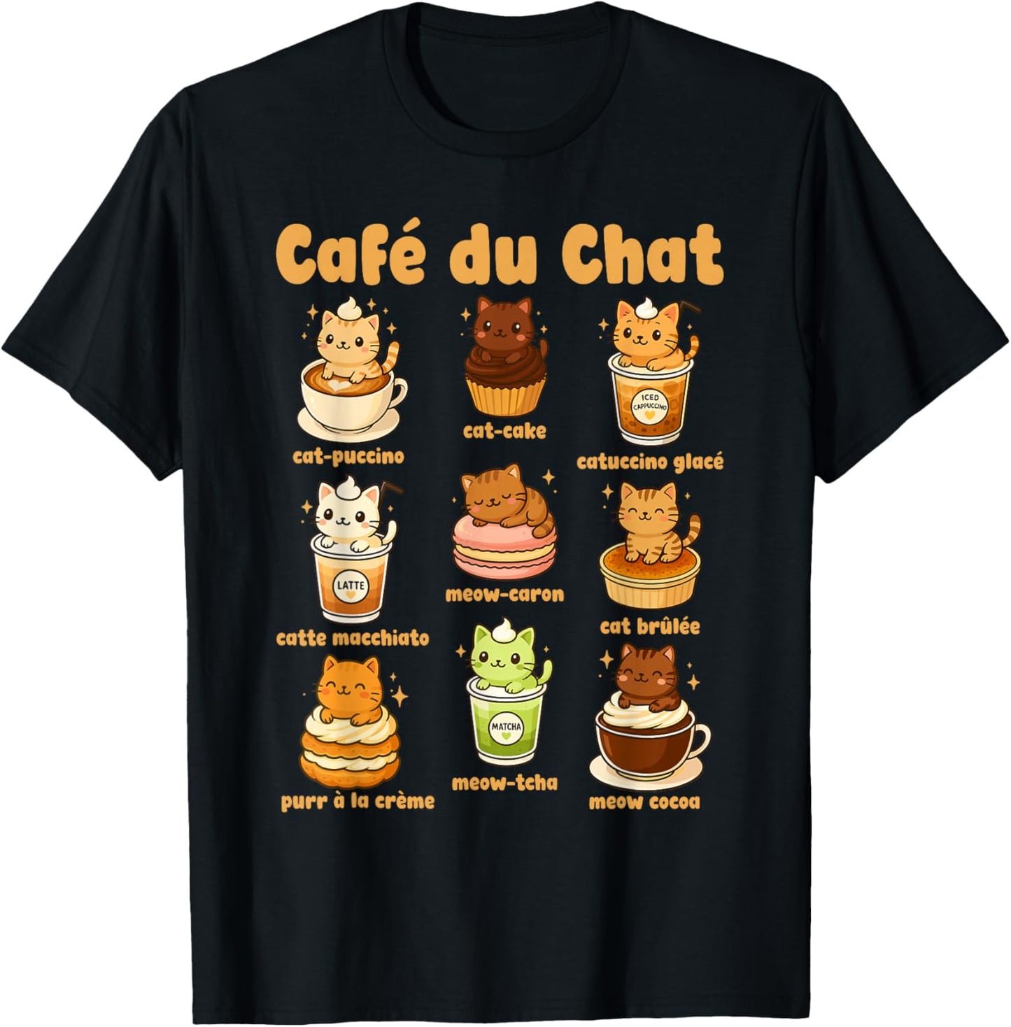 Café du Chat Cute Cats Coffee Pun Kawaii Drink Art T-Shirt - T-Shirt | Black