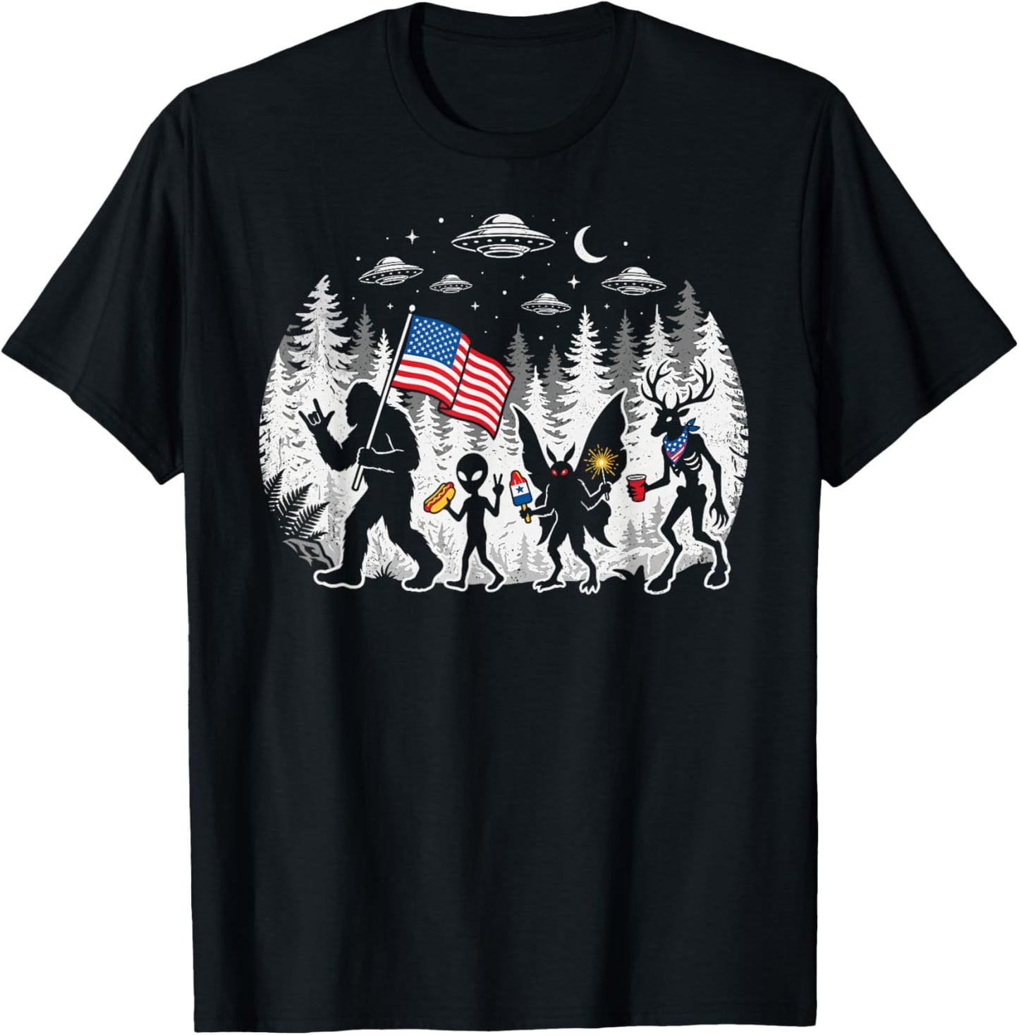 Funny Bigfoot Alien Patriotic 4th of July UFO Forest T-Shirt - T-Shirt | Black