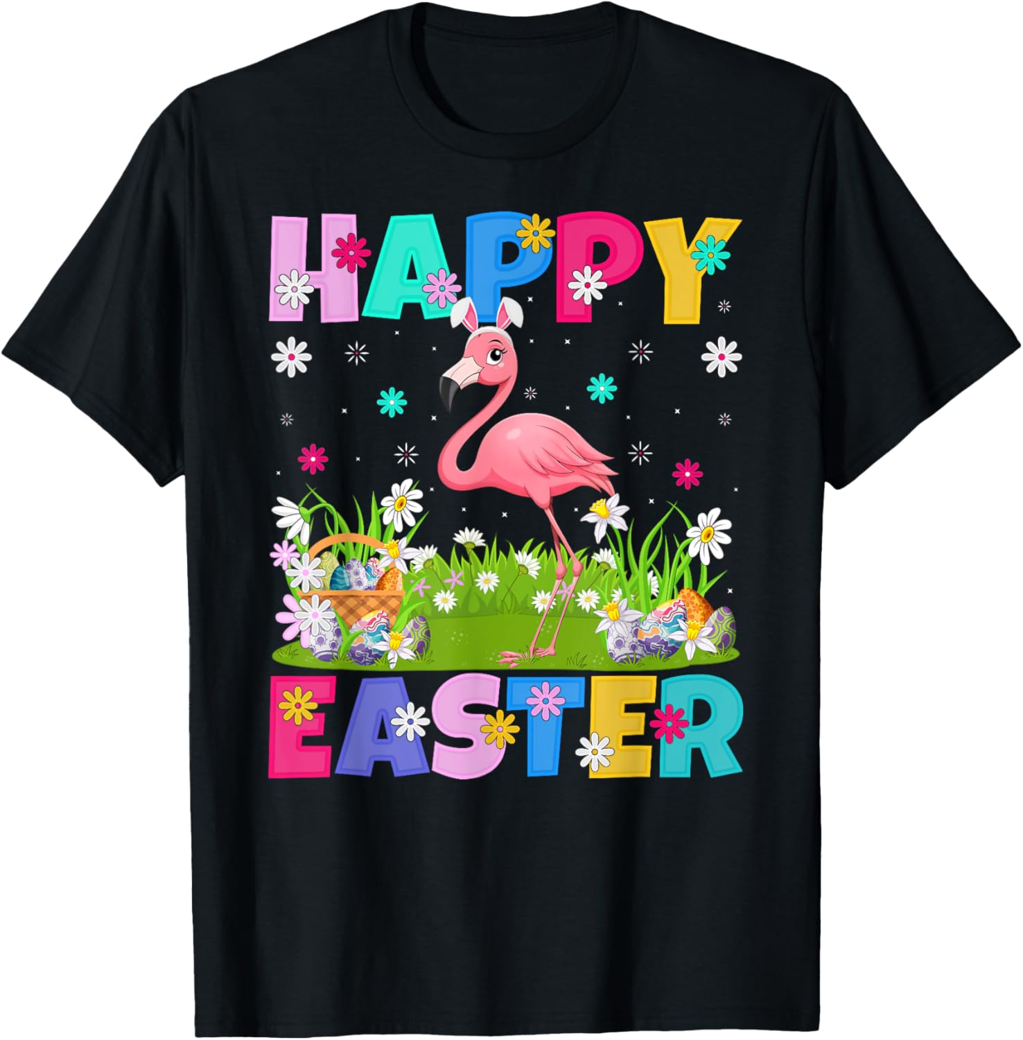 Flamingo Happy Easter Egg Hunt Bunny Ear Flamingo Easter T-Shirt - T-Shirt | Black