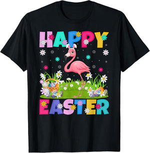 Flamingo Happy Easter Egg Hunt Bunny Ear Flamingo Easter T-Shirt - T-Shirt | Black