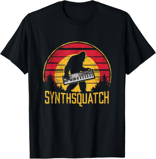 Retro Synthsquatch Music Synthesizer Lover Sunset Vintage T-Shirt - T-Shirt | Black
