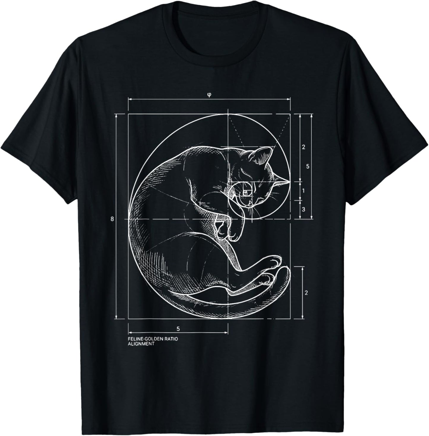 Fibonacci Spiral Cat Blueprint Sacred Geometry Math Teacher T-Shirt - T-Shirt | Black
