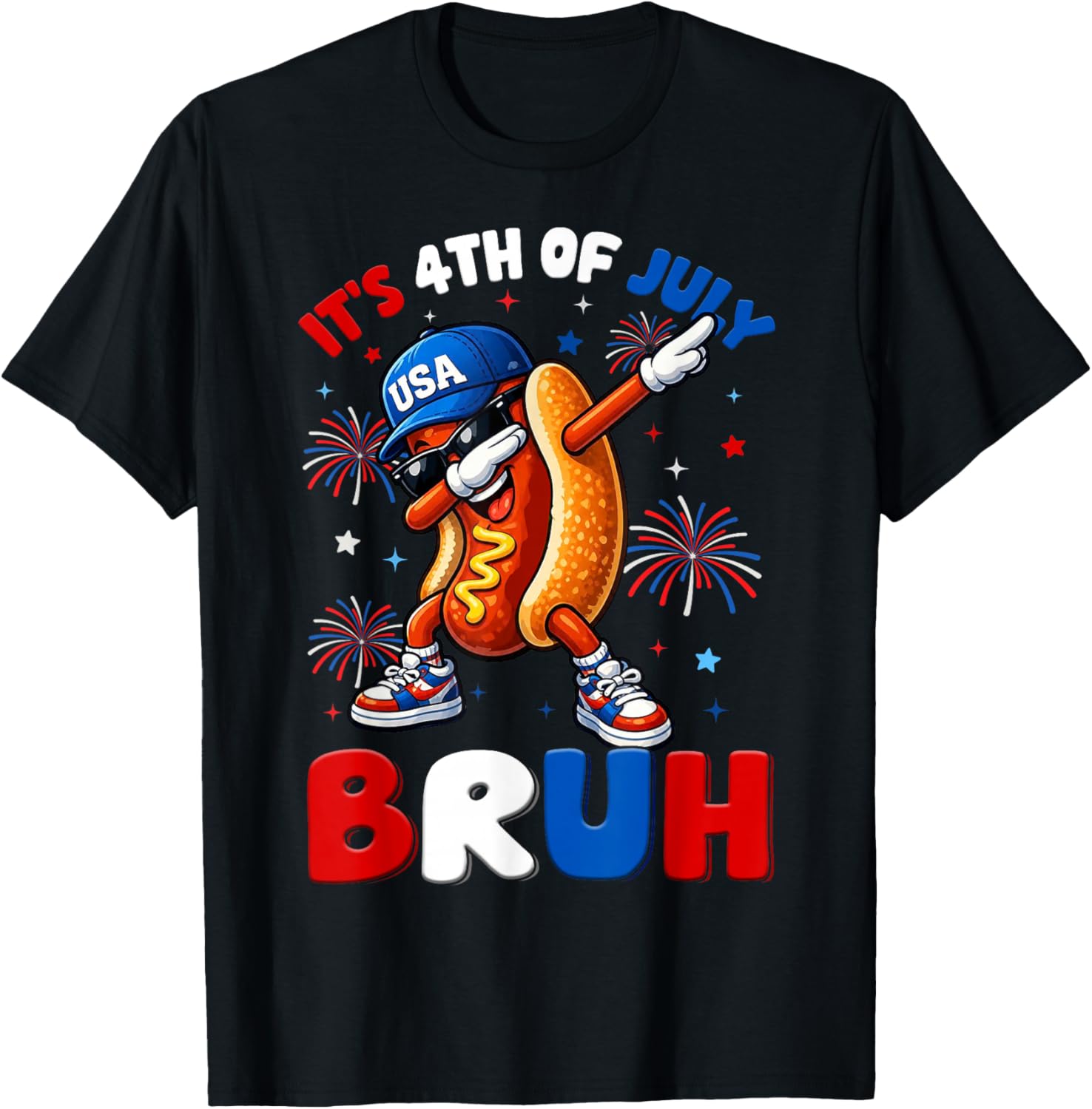 Bruh 4th of July Shirts Boys Kids Funny Hotdog Dab USA Flag T-Shirt - T-Shirt | Black