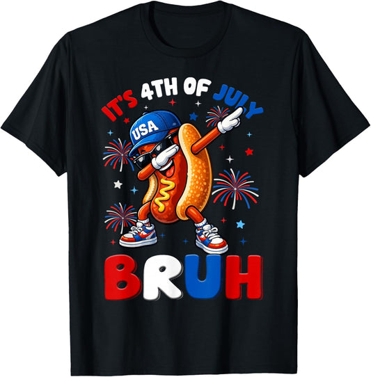 Bruh 4th of July Shirts Boys Kids Funny Hotdog Dab USA Flag T-Shirt - T-Shirt | Black