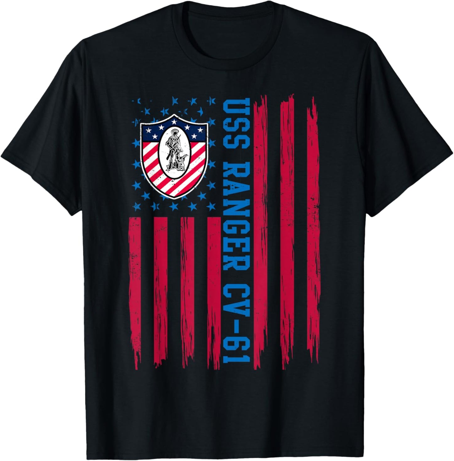 USS Ranger CV-61 American Flag Aircraft Carrier Veteran Papa T-Shirt - T-Shirt | Black