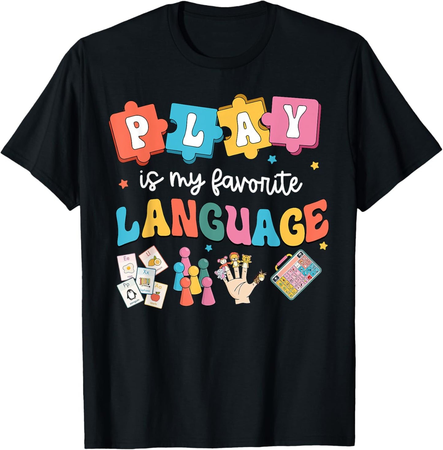 Retro Play Is My Favorite Language SLP Speech Therapy SLPA T-Shirt - T-Shirt | Black