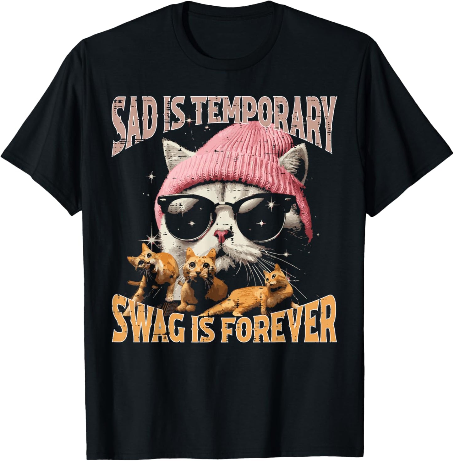 Sad Temporary Swag Forever Cat Funny Saying Women Kids Men T-Shirt - T-Shirt | Black