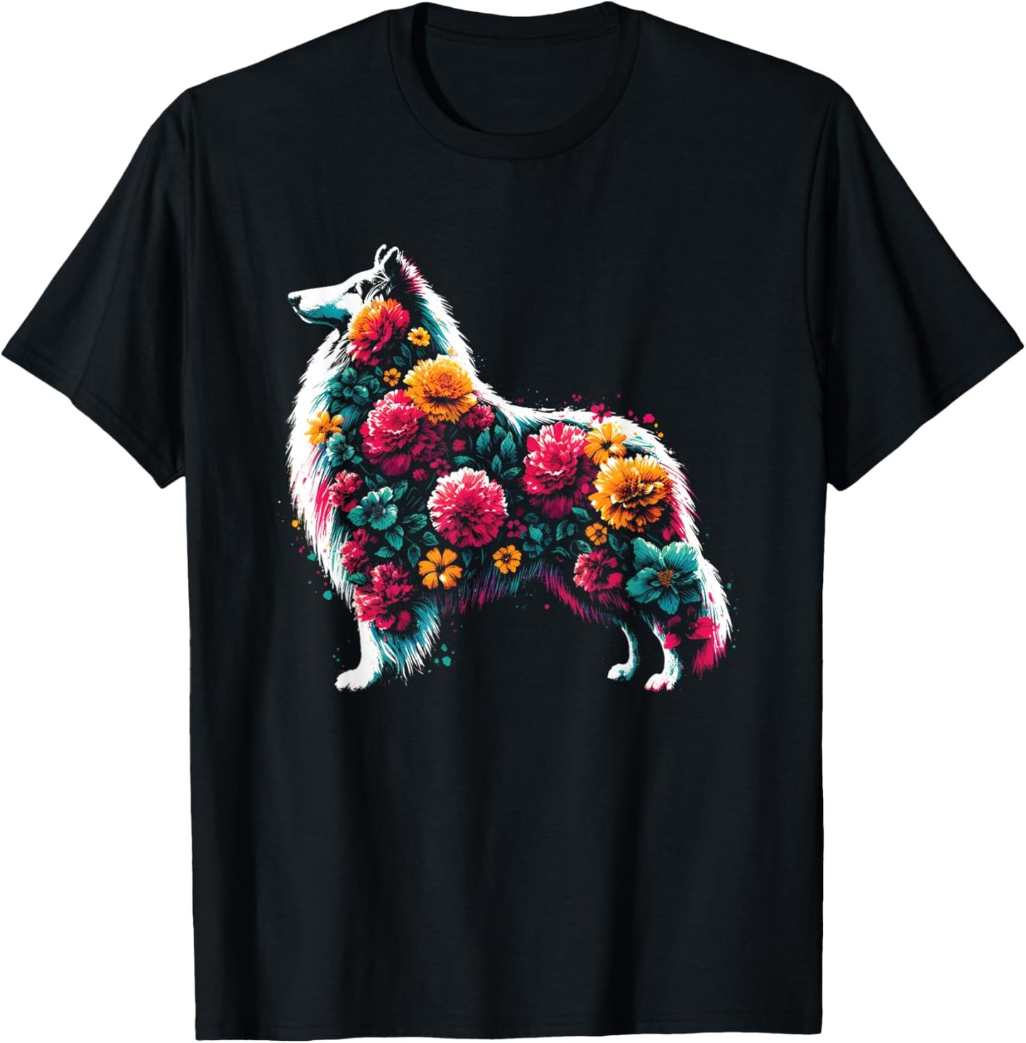 Floral Rough Collie - Vintage Flowers Collie Dog Lover T-Shirt - T-Shirt | Black