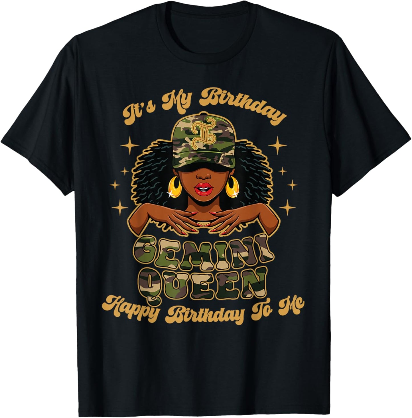 Birthday Gemini Queen Camo Black Woman African Zodiac Afro T-Shirt - T-Shirt | Black