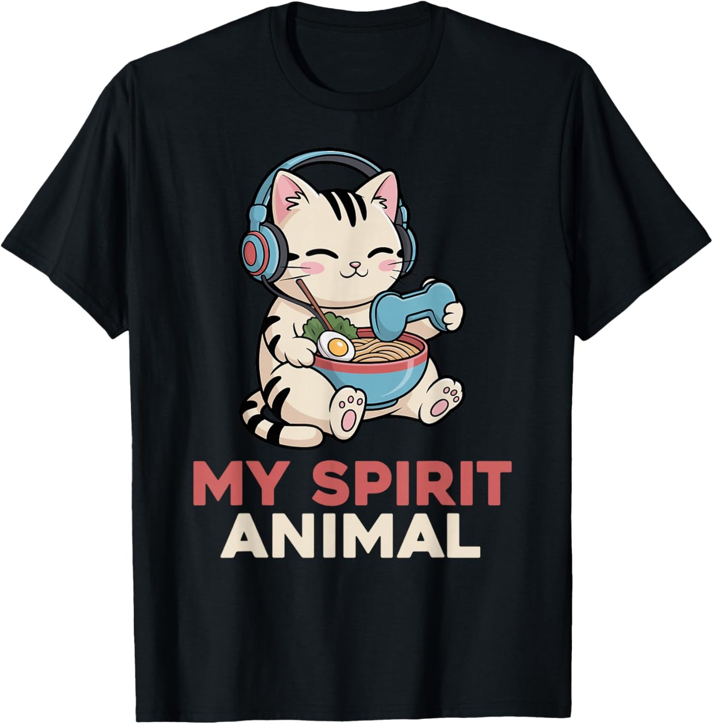 Gaming My Spirit Animal Kawaii Cat Ramen Funny Gamer Cat T-Shirt - T-Shirt | Black