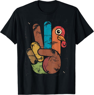 Thanksgiving Peace Sign Turkey Hand Funny Hippie T-Shirt - T-Shirt | Black