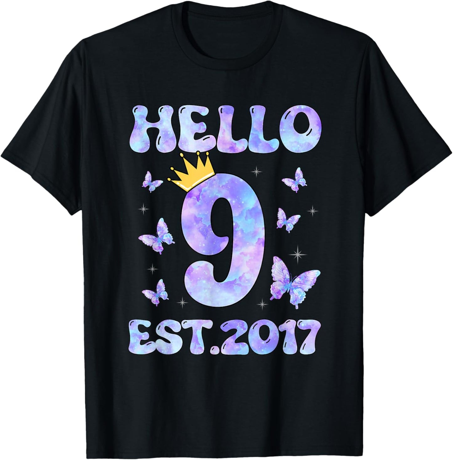 Hello Nine Est 2017 9th Birthday Girl 9 Year Old Butterfly T-Shirt - T-Shirt | Black