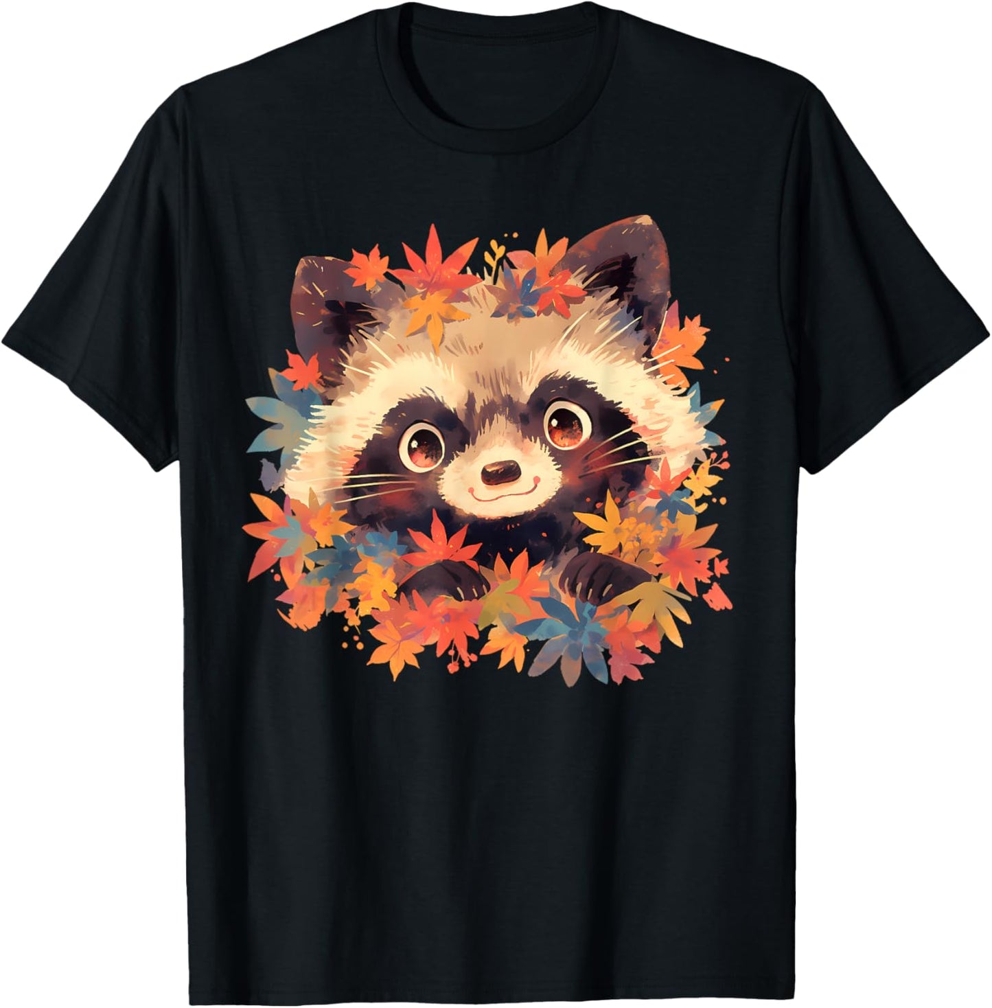 Tanuki & Japanese Maple - Cute Wildlife & Zoo Animals T-Shirt - T-Shirt | Black