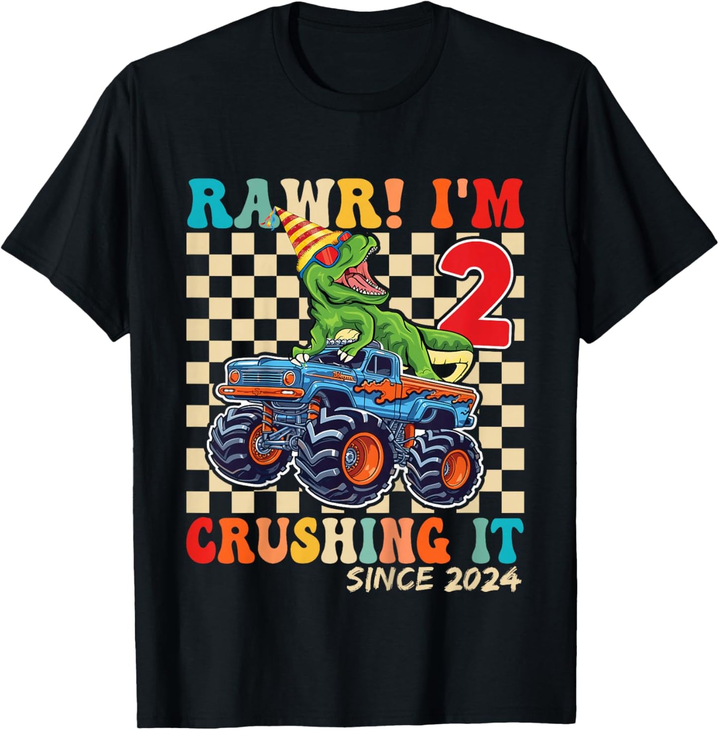 2nd Birthday Monster Truck Dinosaur Party Boys Rawr I'm 2 T-Shirt - T-Shirt | Black