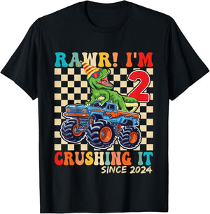 2nd Birthday Monster Truck Dinosaur Party Boys Rawr I'm 2 T-Shirt - T-Shirt | Black