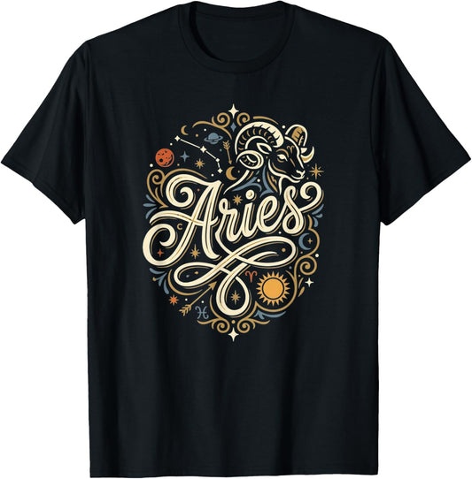 Aries Zodiac Sign Horoscope Astrology Birthday Star Signs T-Shirt - T-Shirt | Black