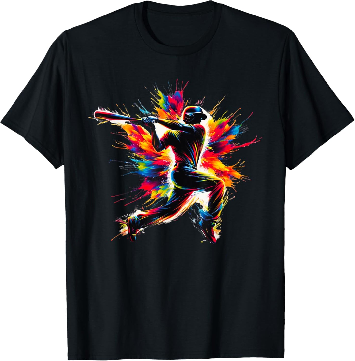 Baseball Player Batter Colorful Paint Splash Baseball Sports T-Shirt - T-Shirt | Black
