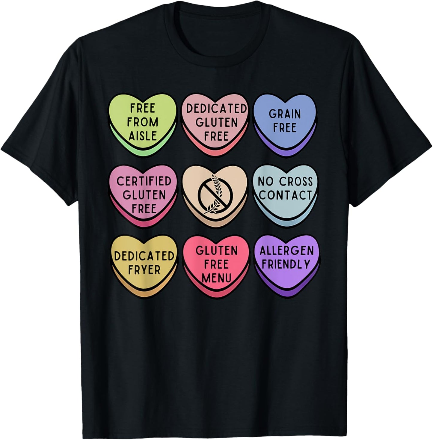 Gluten Free Celiac Valentines Hearts Candy Celiac Disease T-Shirt - T-Shirt | Black