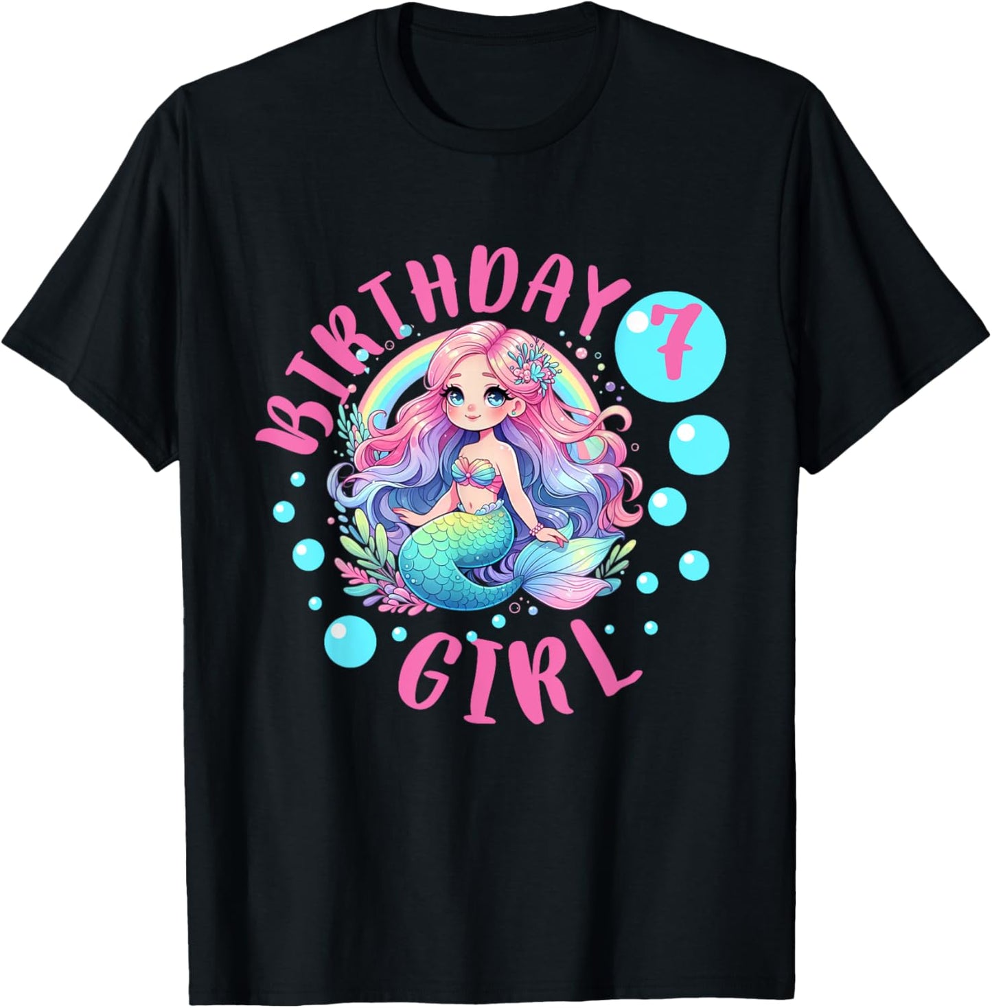 Cute Mermaid 7th Birthday Girl 7 Year Old Bday Mermaid T-Shirt - T-Shirt | Black