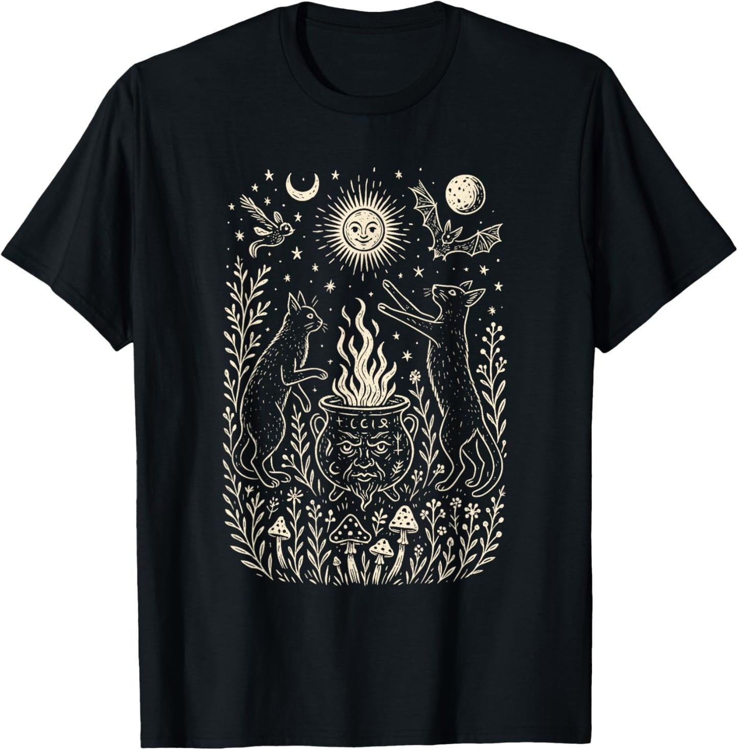 Mystical Cats & Vessel, Retro Folk Art, Nature T-Shirt - T-Shirt | Black
