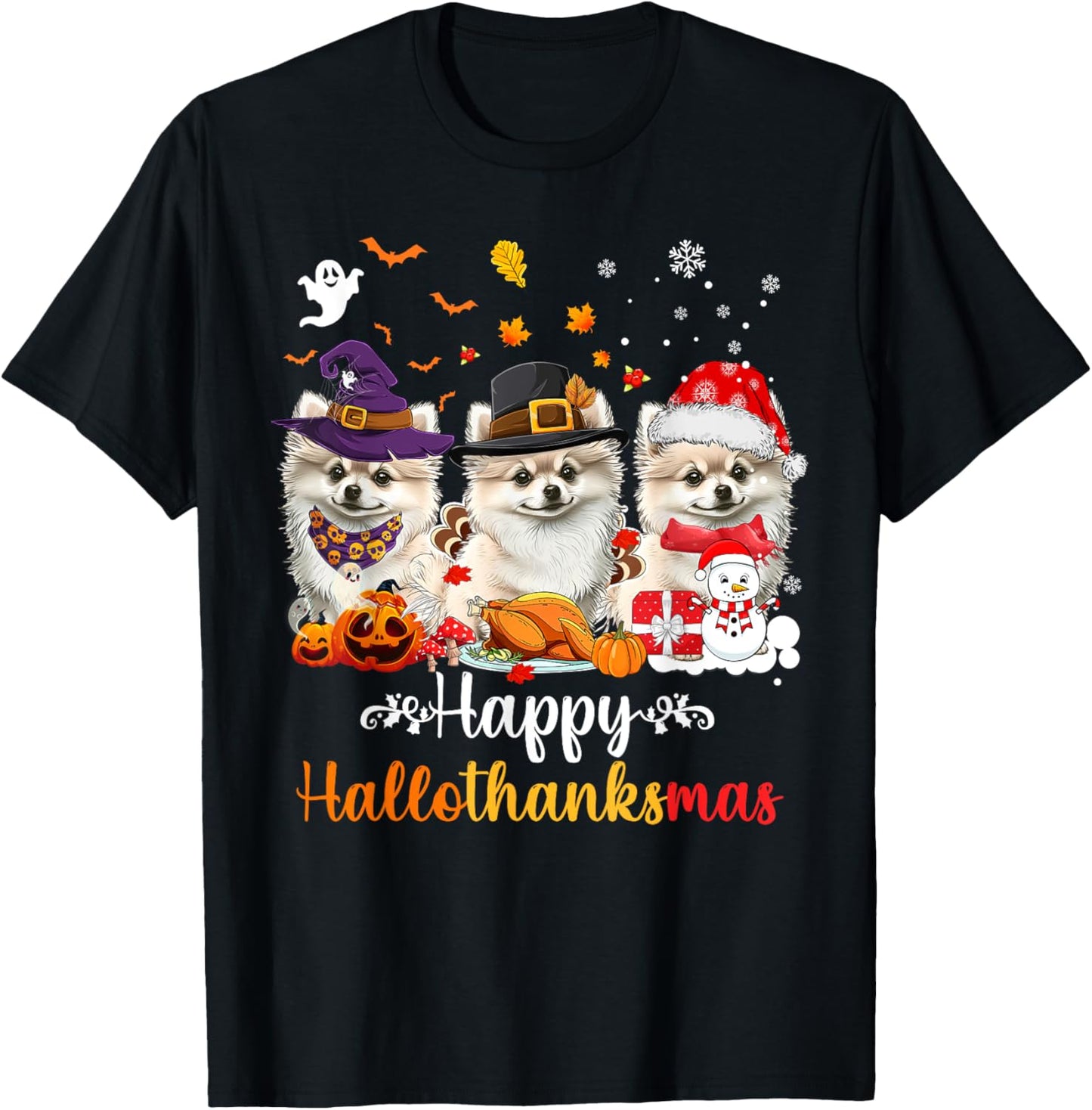 Happy Hallothanksmas Pomeranian Dog Halloween Christmas Men Women Kids T-Shirt - T-Shirt | Black