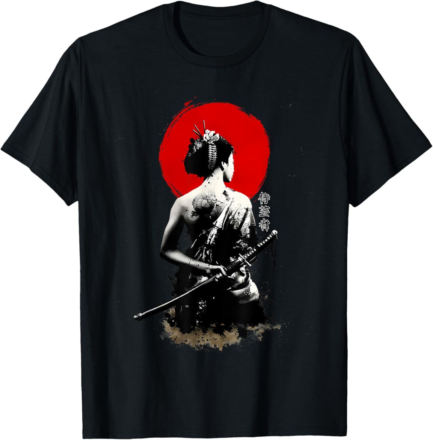 Japanese Geisha Samurai Art Print T-Shirt - T-Shirt | Black